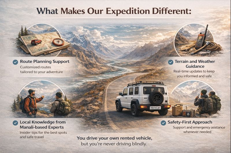Self-drive car expedition in Spiti Valley with route planning, terrain guidance, safety support, and local expert assistance